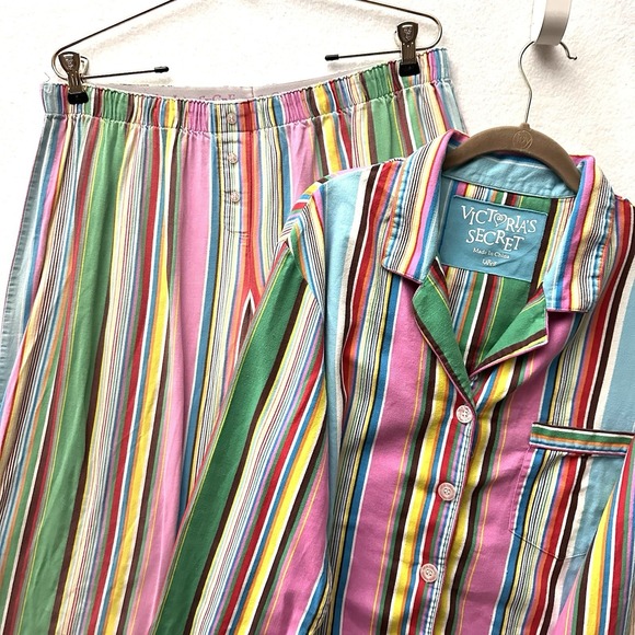 Victoria's Secret Other - Victoria's Secret Vintage Y2K Large L Rainbow Striped Cotton Pajama Set Flannel